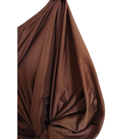 Brown Asymmetrical Midi Dress with Ruched Detail, One Shoulder, Size XL - Picture 6 of 9